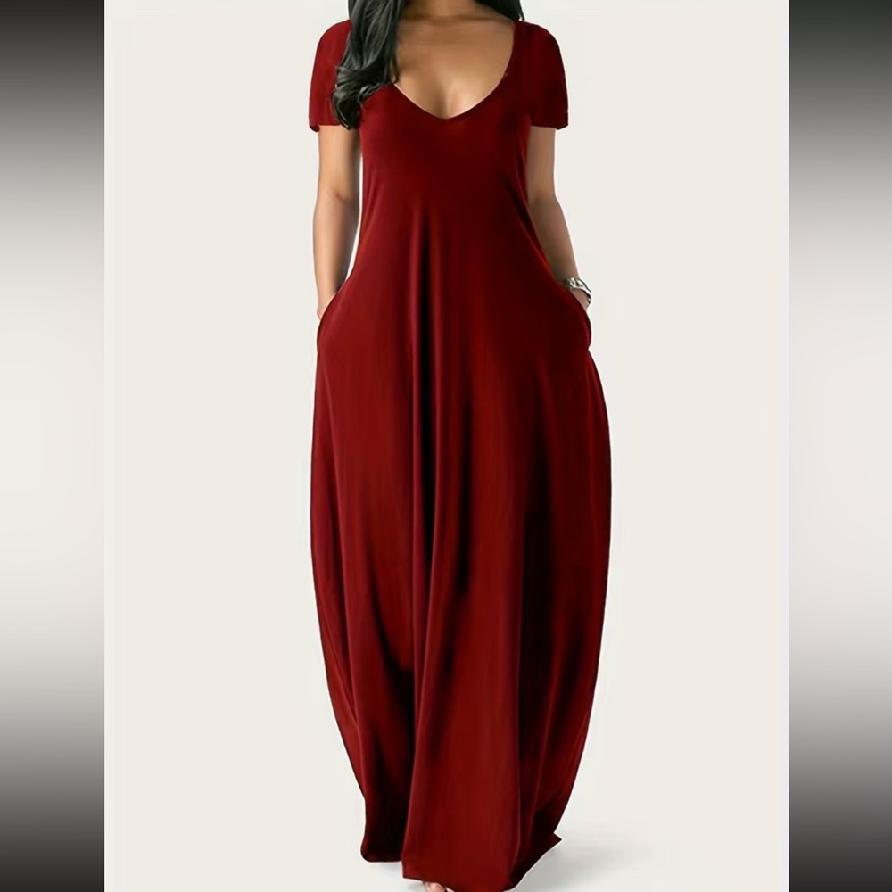 Boho burgundy side pockets comfy maxi dress